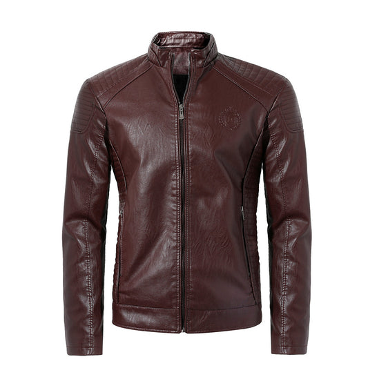 Jaqueta masculina de couro aveludado, estilo casual, com gola alta.